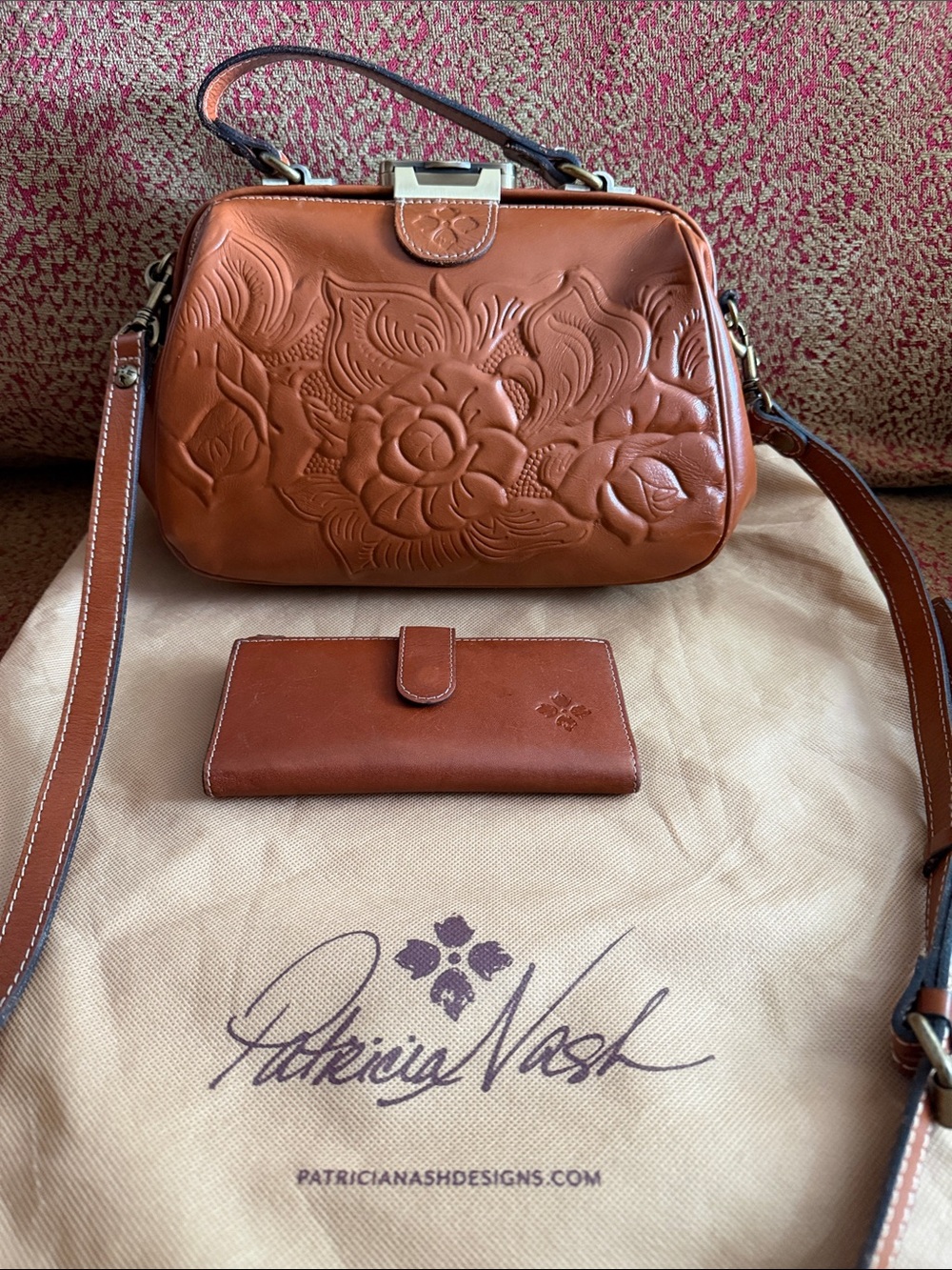Patricia Nash Cognac Floral-Embossed Leather Shoulder Bag with Matching Wallet